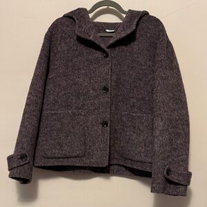 Wool Hooded Button-Front Coat in Dark Purple